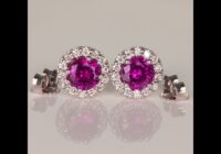 14k White Gold Round Brilliant Purple Garnet and Diamond Halo Earrings 1.15cts
